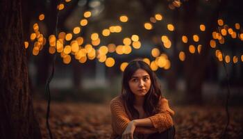 ai généré Jeune femme souriant, illuminé par Jaune éclairage équipement, permanent en plein air à crépuscule généré par ai photo