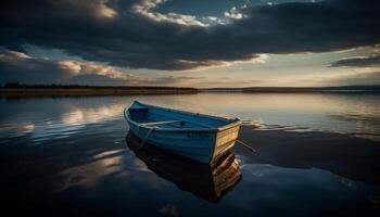 ai généré tranquille scène de une pêche bateau sur une calme étang généré par ai photo