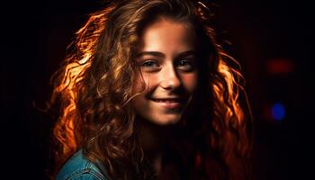 ai généré souriant Jeune femme avec longue marron cheveux à la recherche à caméra généré par ai photo