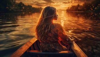 ai généré une Jeune femme profiter le le coucher du soleil sur une voilier à mer généré par ai photo