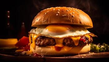 ai généré grillé du boeuf Burger avec fromage, tomate, et gourmet pain généré par ai photo