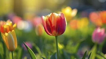 ai généré une jardin symphonie avec coloré tulipes, rougi avec rose photo