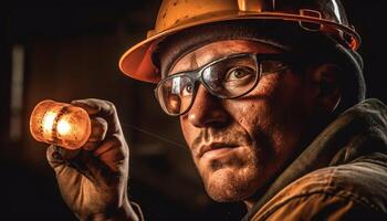 ai généré une casque portant construction ouvrier se concentre sur le sien travail à nuit généré par ai photo