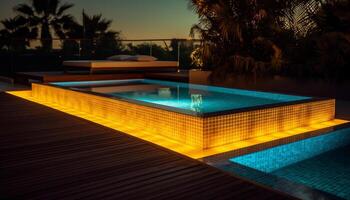 ai généré bleu au bord de la piscine oasis, une tranquille scène de relaxation et luxe généré par ai photo