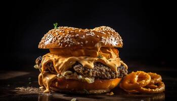 ai généré grillé du boeuf Burger sur une sésame chignon, avec fondu fromage généré par ai photo