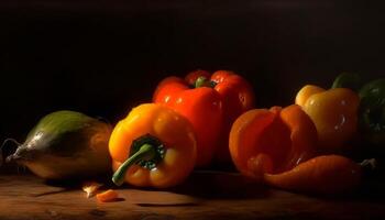 ai généré frais, en bonne santé, biologique des légumes sur en bois tableau, vibrant couleurs, l'automne saison généré par ai photo