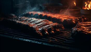ai généré grillé steak sur une plaque, une délicieux Extérieur barbecue repas généré par ai photo