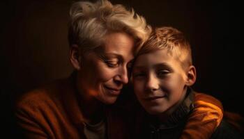 ai généré souriant famille de quatre, embrassement l'amour et bonheur ensemble généré par ai photo