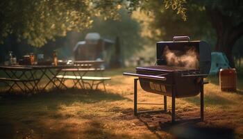 ai généré Extérieur barbecue gril dans été, entouré par vert herbe et des arbres généré par ai photo