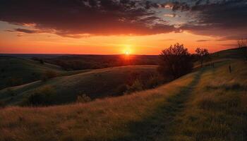 ai généré vibrant le coucher du soleil des peintures tranquille paysage, la nature beauté plus de rural Prairie généré par ai photo