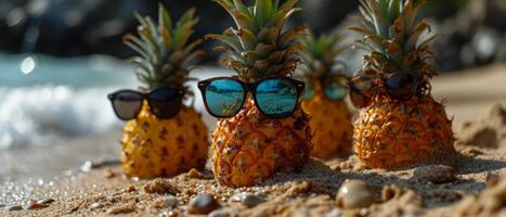 ai généré Ananas avec des lunettes de soleil profiter une plage journée photo