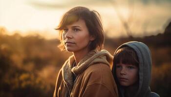 ai généré deux Jeune femmes souriant, profiter le le coucher du soleil en plein air avec famille généré par ai photo