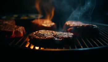 ai généré grillé Viande sur une barbecue, flamme, fumée, et Naturel fraîcheur généré par ai photo