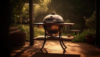 ai généré en bois table en plein air, la nature été repas cuit sur métal vaisselle généré par ai photo