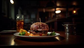 ai généré grillé du boeuf Burger sur en bois tableau, une gourmet le déjeuner délice généré par ai photo