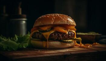 ai généré grillé du boeuf Burger avec fromage, tomate, et oignon sur bois généré par ai photo