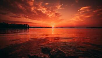 ai généré le coucher du soleil plus de eau, reflétant une tranquille scène de la nature beauté généré par ai photo