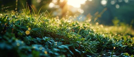 ai généré le doux Matin lumière filtres par une luxuriant tapis de couvert de rosée herbe photo