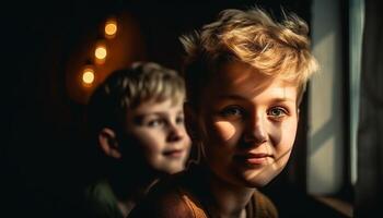 ai généré deux mignonne garçons souriant, à la recherche à caméra, profiter leur enfance généré par ai photo