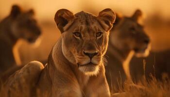 ai généré majestueux lionne en marchant dans le région sauvage, vigilance dans sa yeux généré par ai photo