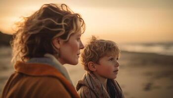 ai généré une mère et fils embrasser, profiter le le coucher du soleil ensemble généré par ai photo