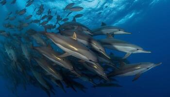 ai généré sous-marin, bleu mer, poisson nager dans une majestueux récif généré par ai photo