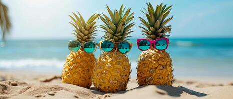 ai généré Trois Ananas portant coloré des lunettes de soleil sur une ensoleillé plage, évoquant une amusant, tropical vibe photo