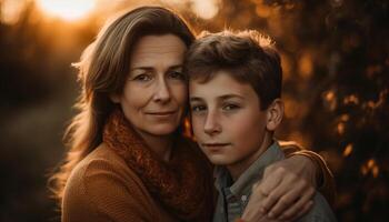 ai généré souriant famille en plein air, embrassement aimer, bonheur dans l'automne forêt le coucher du soleil généré par ai photo