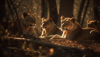 ai généré majestueux lionne repos dans le herbe, à la recherche à caméra avec faim généré par ai photo