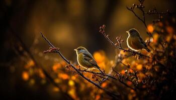 ai généré une petit moineau se percher sur une branche dans le l'automne forêt généré par ai photo