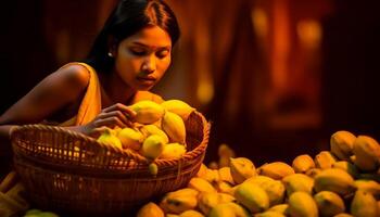 ai généré une femme séance à l'intérieur, souriant, en portant une panier de Frais des fruits généré par ai photo