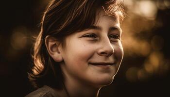 ai généré souriant enfant, en plein air, bonheur, mignon, joyeux, marron cheveux, joie généré par ai photo