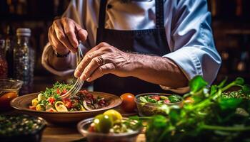 ai généré une homme en train de préparer une Frais végétarien salade dans une fait maison cuisine généré par ai photo