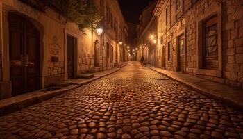 ai généré ancien ville des rues éclairer histoire avec vieux façonné lanternes à crépuscule généré par ai photo