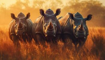 ai généré éléphants et rhinocéros errer le africain savane à le coucher du soleil généré par ai photo