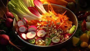 ai généré fraîcheur et en bonne santé en mangeant dans une végétarien salade bol avec biologique des légumes généré par ai photo