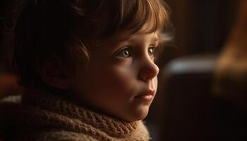 ai généré mignonne caucasien enfant à la recherche loin, souriant, à l'intérieur, entouré par famille généré par ai photo