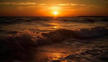 ai généré le coucher du soleil plus de le eau, la nature beauté réfléchi dans tranquille vagues généré par ai photo