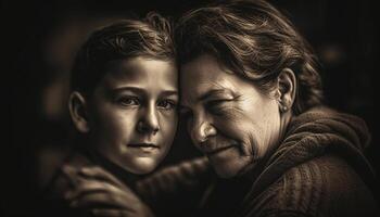 ai généré souriant caucasien famille embrasser, l'amour et bonheur dans noir et blanc généré par ai photo