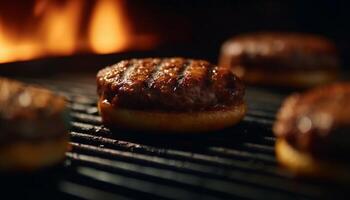 ai généré grillé Viande sur une barbecue, flammes dansant, été le banquet en plein air généré par ai photo