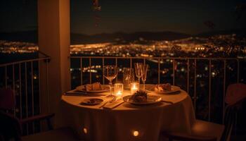 ai généré romantique crépuscule fête, verre de vin illuminé par chandelle, luxe Extérieur à manger généré par ai photo