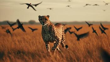 ai généré majestueux guépard fonctionnement dans le africain savane à le coucher du soleil généré par ai photo