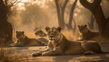 ai généré majestueux lionne repos dans le sauvage, entouré par sa fierté généré par ai photo