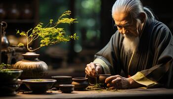 ai généré Sénior adulte homme travail sur poterie, en portant argile vase à l'intérieur généré par ai photo