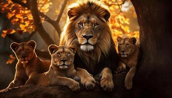 ai généré majestueux lionne et sa mignonne petits cacher dans africain savane généré par ai photo