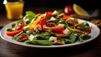 ai généré en bonne santé en mangeant Frais salade, légume repas sur une assiette gourmet, biologique le déjeuner généré par ai photo