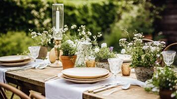 ai généré table décor, vacances paysage de table et dîner table réglage dans campagne jardin, formel un événement décoration pour mariage, famille fête, Anglais pays et Accueil coiffant photo