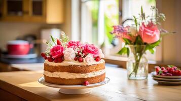 ai généré fait maison anniversaire gâteau dans le Anglais campagne loger, chalet cuisine nourriture et vacances cuisson recette photo