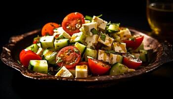 ai généré frais, en bonne santé salade avec tomate, concombre, oignon, et mozzarella fromage généré par ai photo