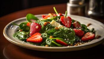 ai généré fraîcheur et en bonne santé en mangeant sur une gourmet salade assiette généré par ai photo